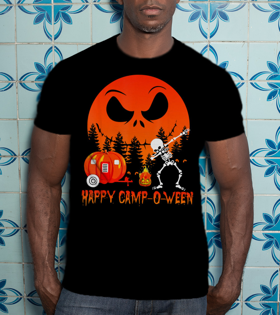 Happy Camp-O-Ween Skeleton Dab Pumpkin Camper Spooky Forest Scene T-Shirt