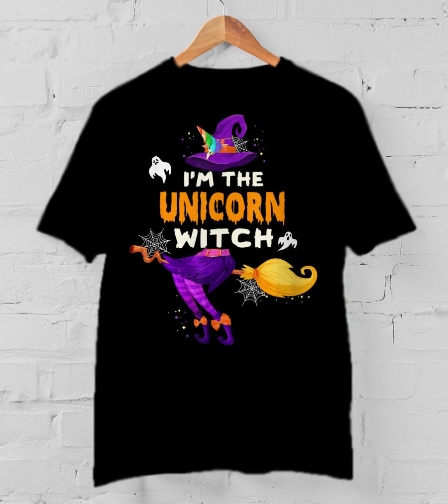 I'M THE UNICORN WITCH Halloween Ghosts Hat Broom Webs T-Shirt