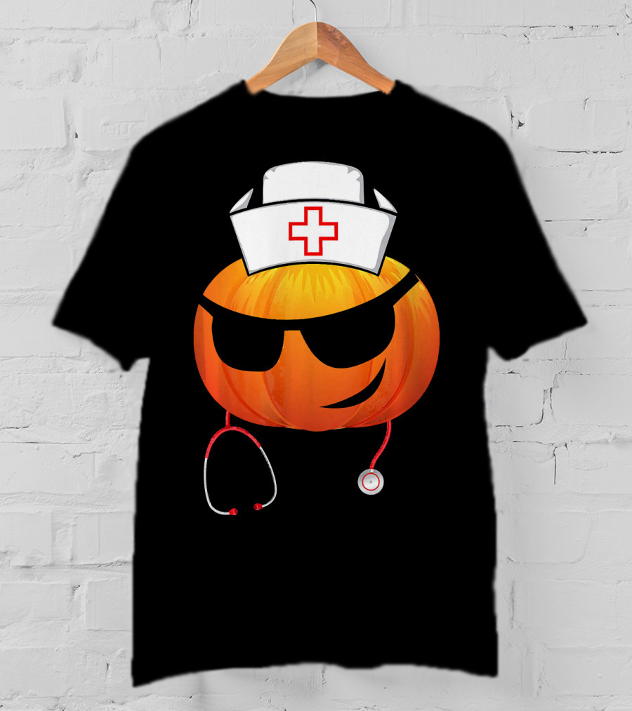Smiling Pumpkin Nurse Emoji With Stethoscope Halloween T-Shirt