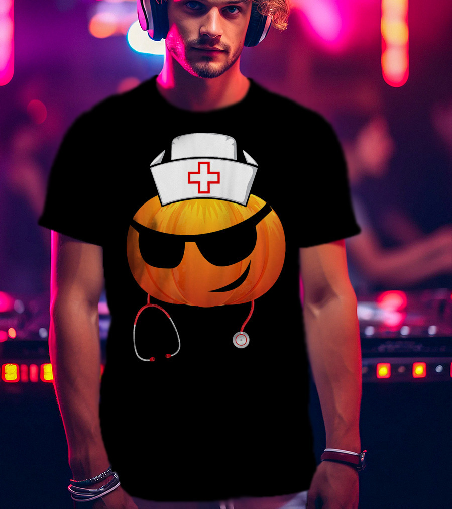 Smiling Pumpkin Nurse Emoji With Stethoscope Halloween T-Shirt