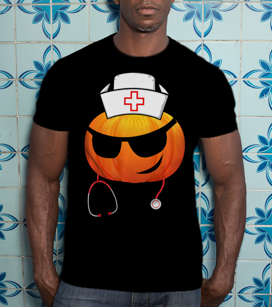 Smiling Pumpkin Nurse Emoji With Stethoscope Halloween T-Shirt