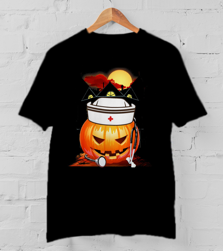 Nurse Pumpkin Halloween With Stethoscope And Haunted House T-Shirt