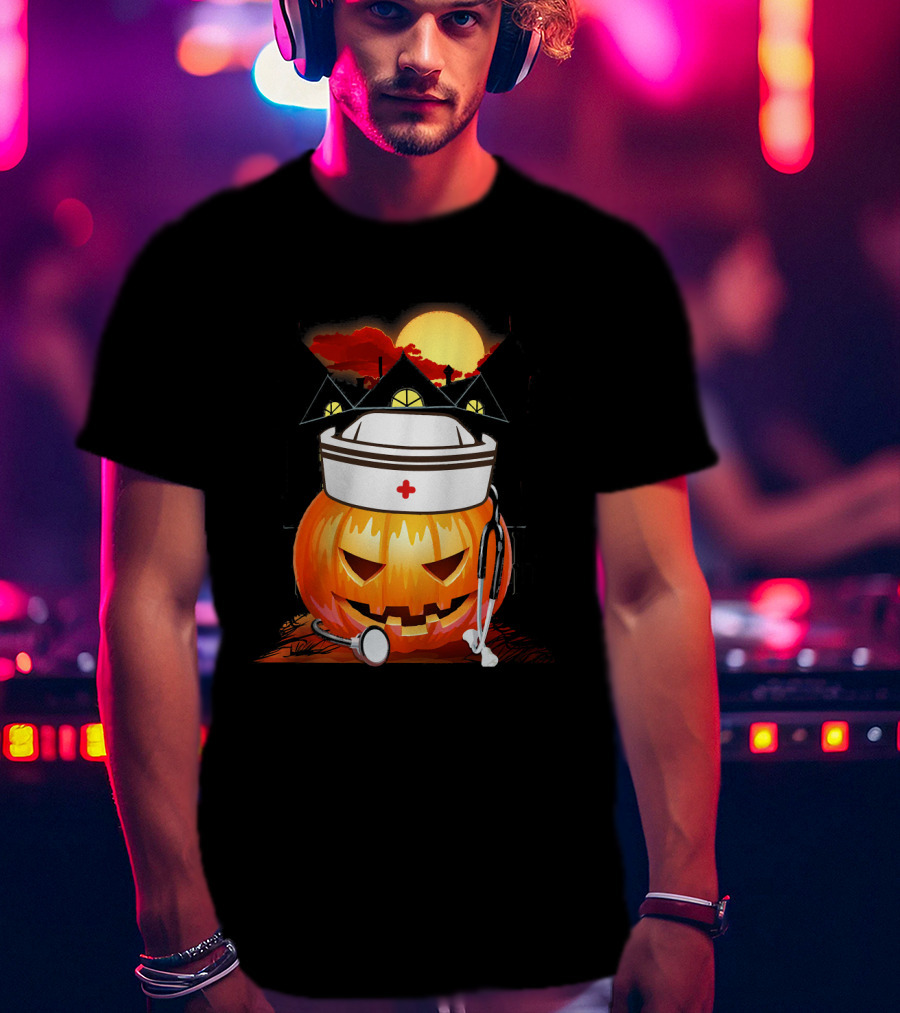 Nurse Pumpkin Halloween With Stethoscope And Haunted House T-Shirt