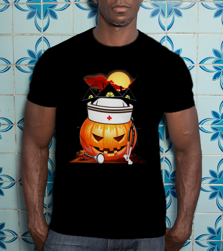 Nurse Pumpkin Halloween With Stethoscope And Haunted House T-Shirt