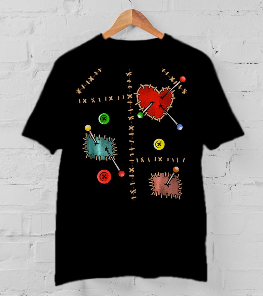 Voodoo Doll Halloween Costume With Heart And Button Patches T-Shirt