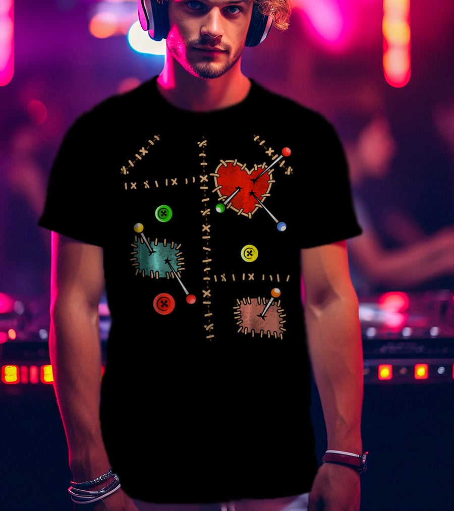 Voodoo Doll Halloween Costume With Heart And Button Patches T-Shirt