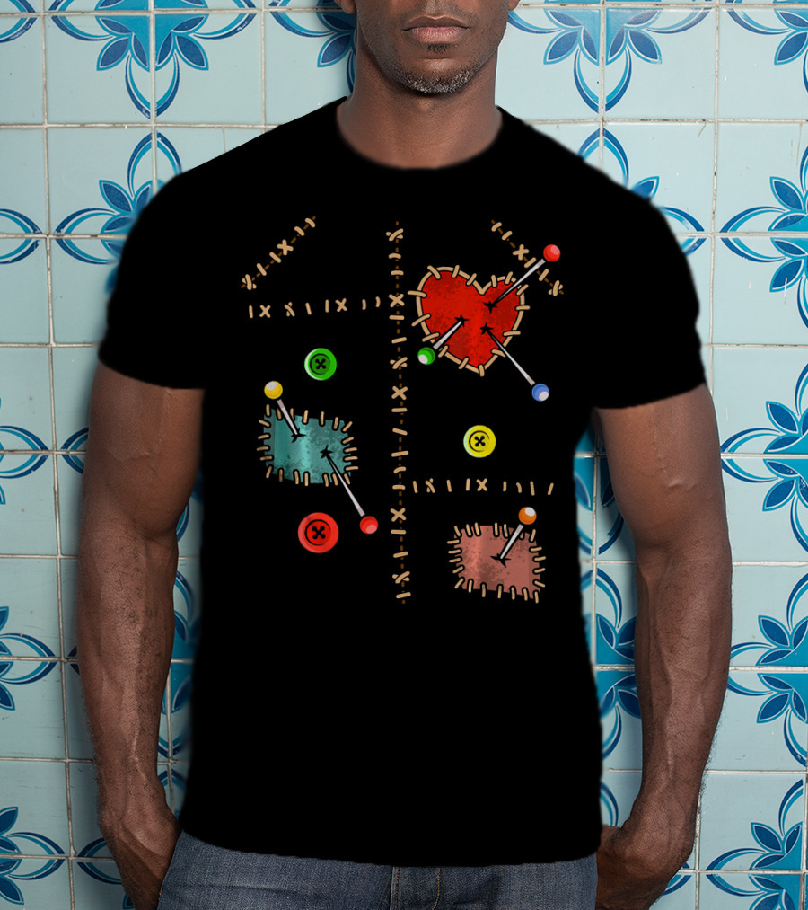 Voodoo Doll Halloween Costume With Heart And Button Patches T-Shirt