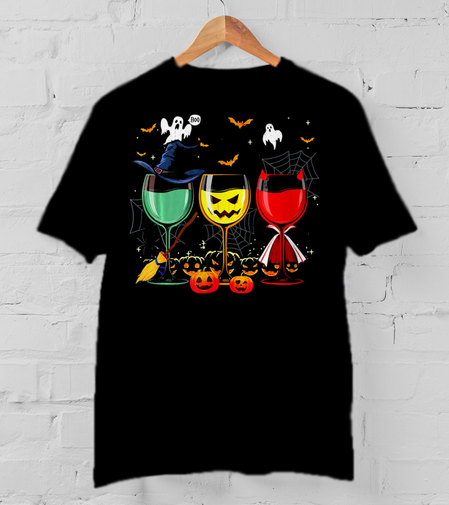 Halloween Witches Pumpkin Ghost Devil Wine Glasses T-Shirt