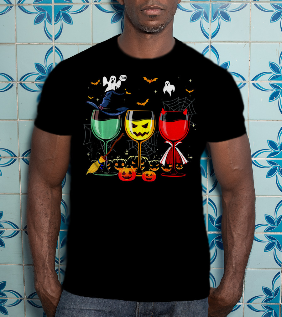 Halloween Witches Pumpkin Ghost Devil Wine Glasses T-Shirt