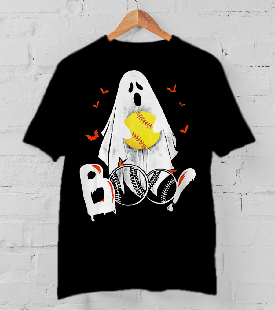 Ghostly Boo Softball With Yellow Softball And Bats T-Shirt