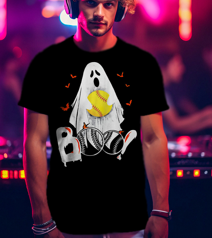 Ghostly Boo Softball With Yellow Softball And Bats T-Shirt