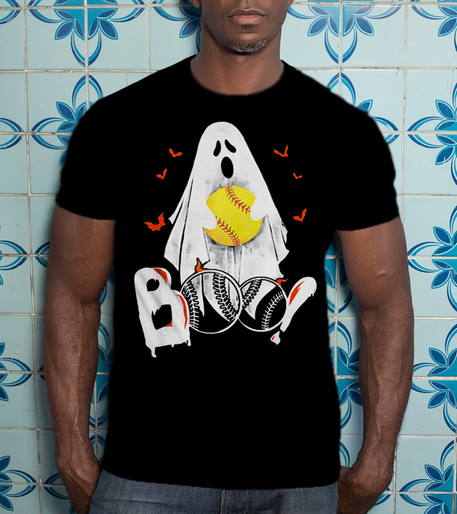 Ghostly Boo Softball With Yellow Softball And Bats T-Shirt