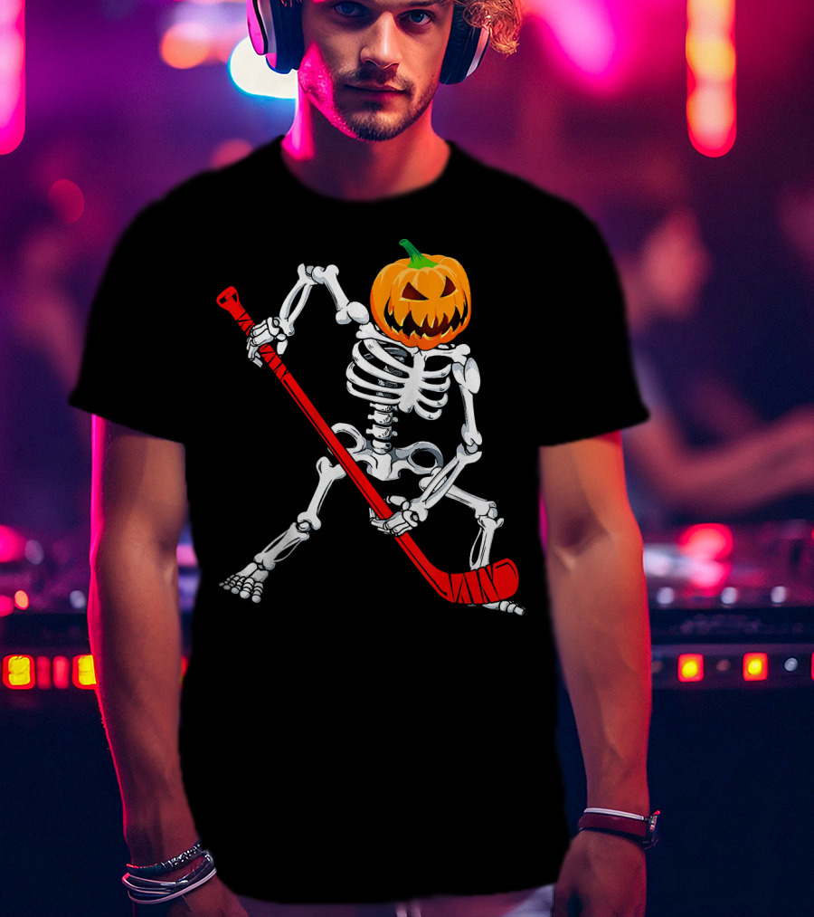 Halloween Skeleton With Pumpkin Head Playing Hockey T-Shirt