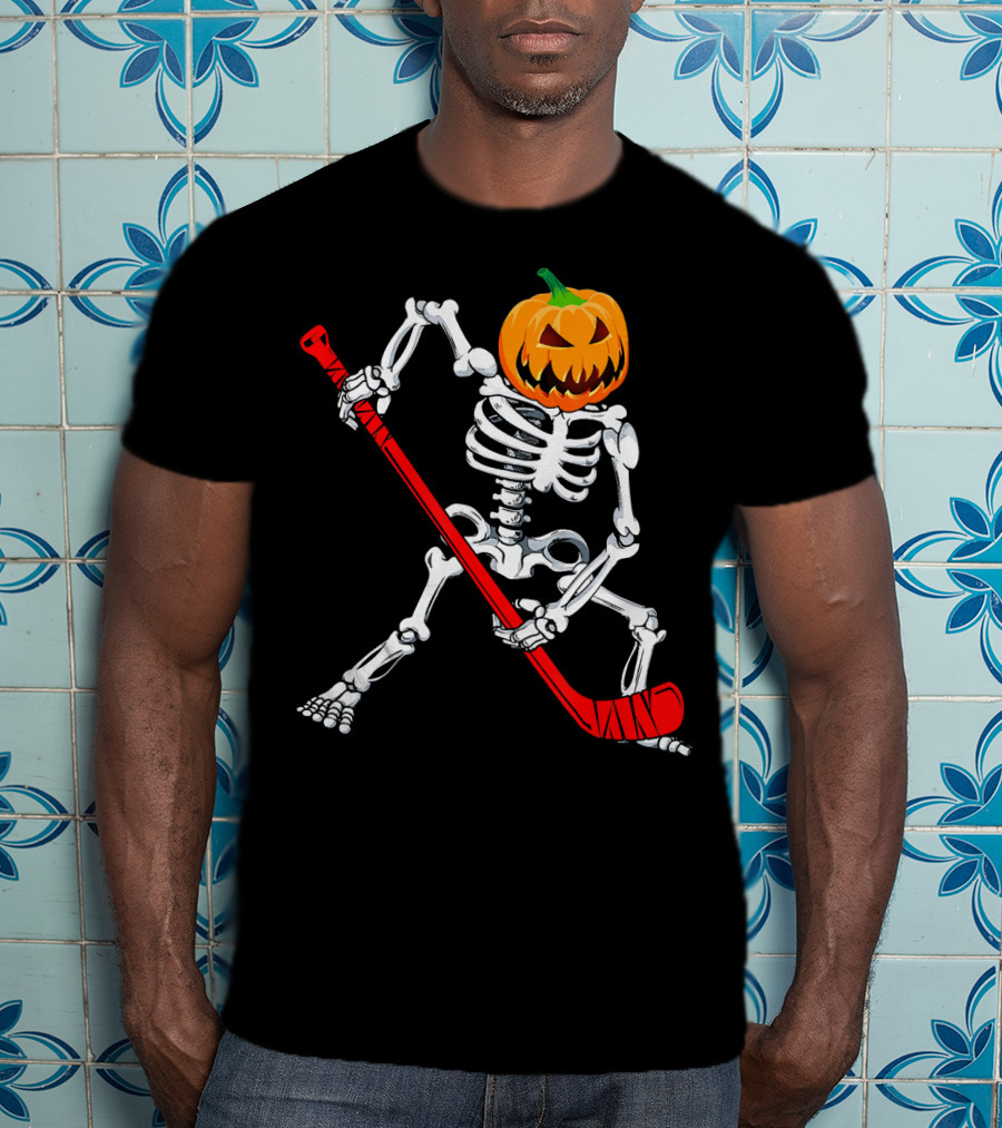 Halloween Skeleton With Pumpkin Head Playing Hockey T-Shirt