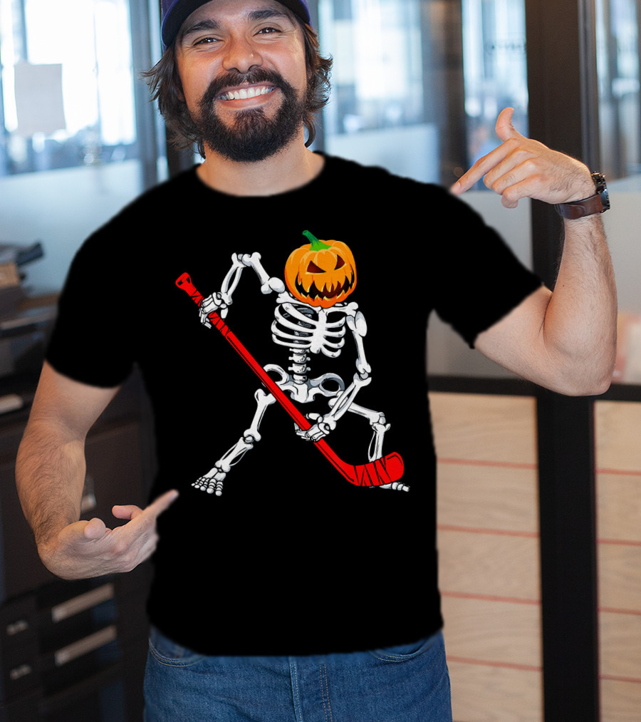 Halloween Skeleton With Pumpkin Head Playing Hockey T-Shirt