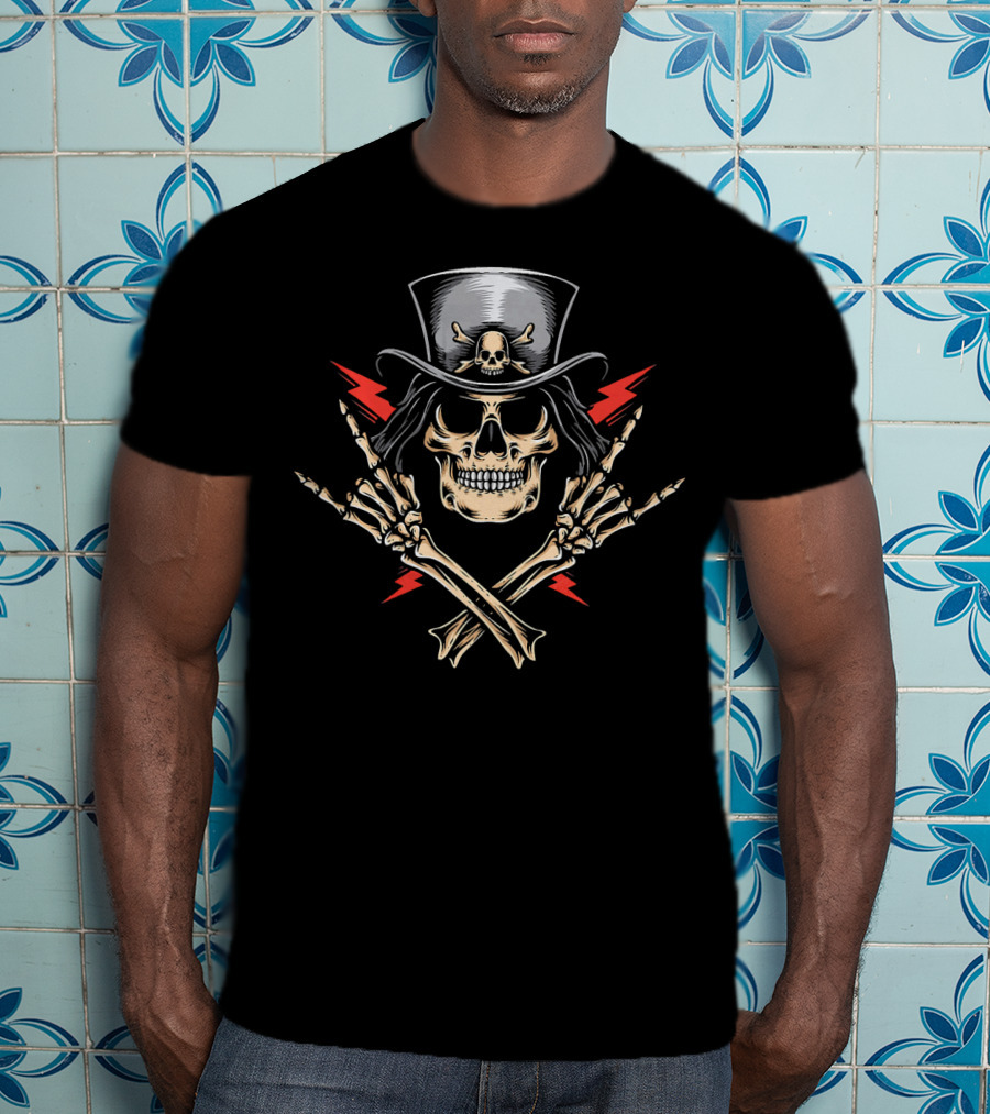 Halloween Skeleton Rocker With Skull Hat And Crossed Bones T-Shirt