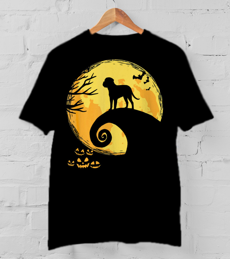Bullmastiff Silhouette Moonlit Halloween Scene With Pumpkins And Bats T-Shirt
