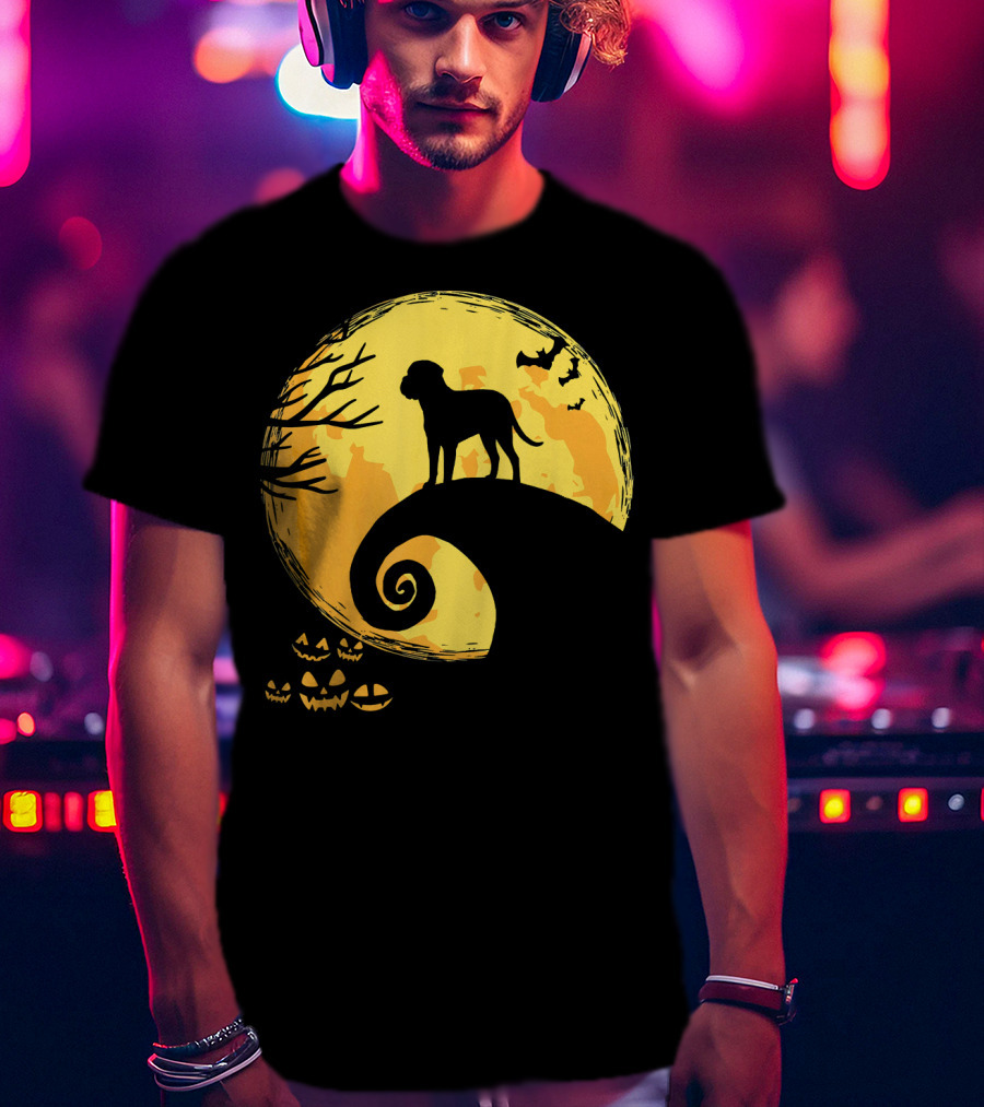 Bullmastiff Silhouette Moonlit Halloween Scene With Pumpkins And Bats T-Shirt