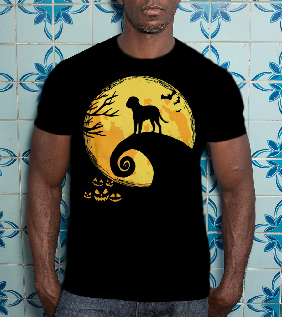 Bullmastiff Silhouette Moonlit Halloween Scene With Pumpkins And Bats T-Shirt