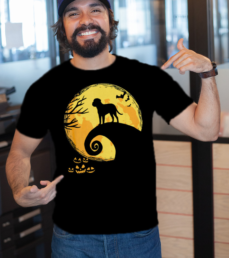 Bullmastiff Silhouette Moonlit Halloween Scene With Pumpkins And Bats T-Shirt