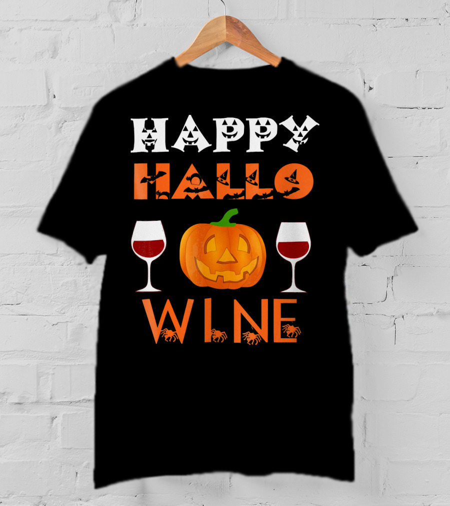Happy Halloween Pumpkin Wine Glasses Spooky Bats And Spiders T-Shirt