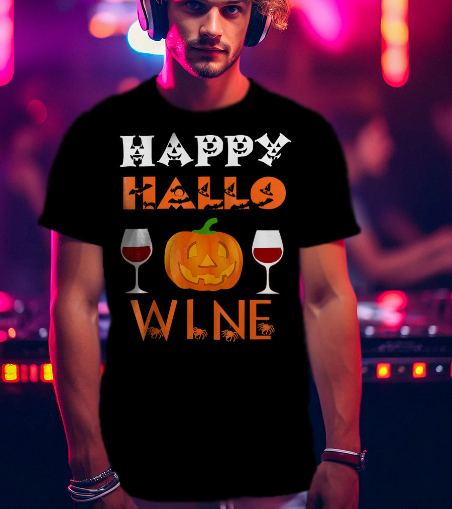 Happy Halloween Pumpkin Wine Glasses Spooky Bats And Spiders T-Shirt