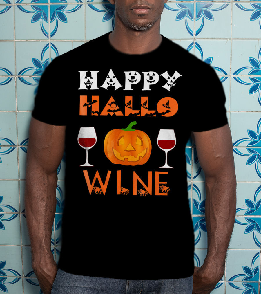 Happy Halloween Pumpkin Wine Glasses Spooky Bats And Spiders T-Shirt