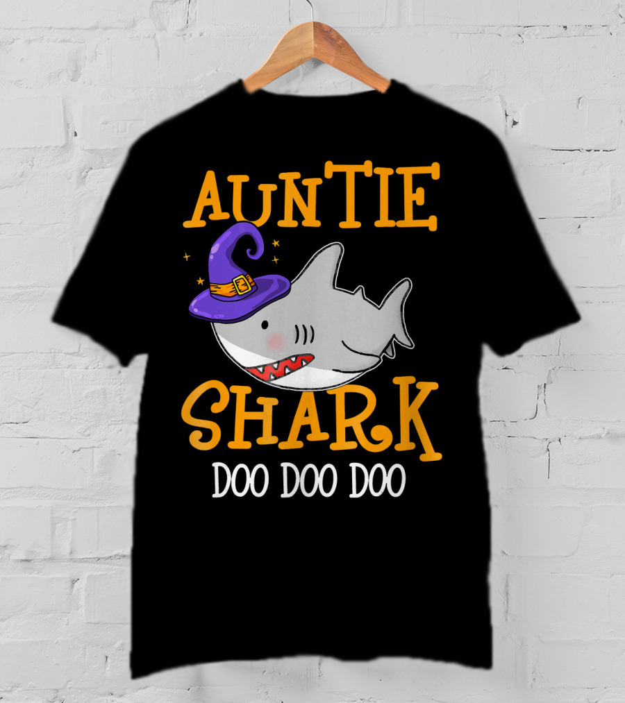 Auntie Shark Doo Doo Doo Funny Halloween With Witch Hat T-Shirt