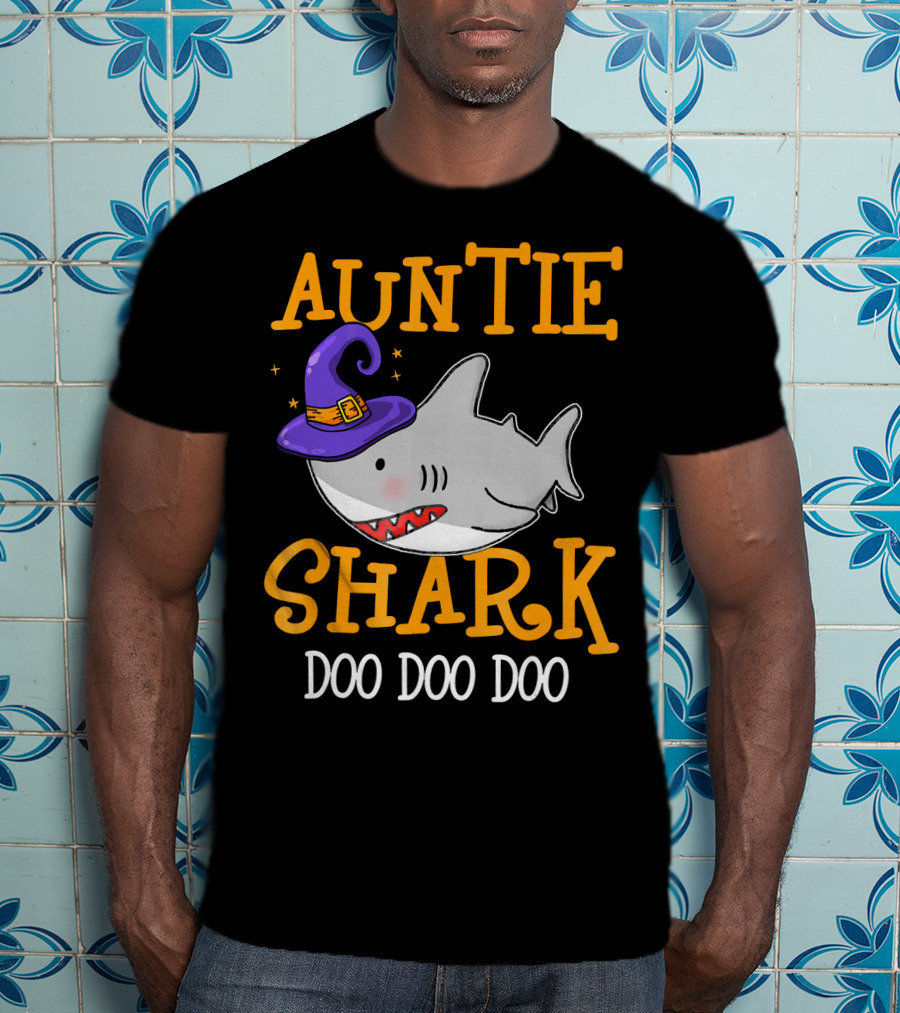Auntie Shark Doo Doo Doo Funny Halloween With Witch Hat T-Shirt