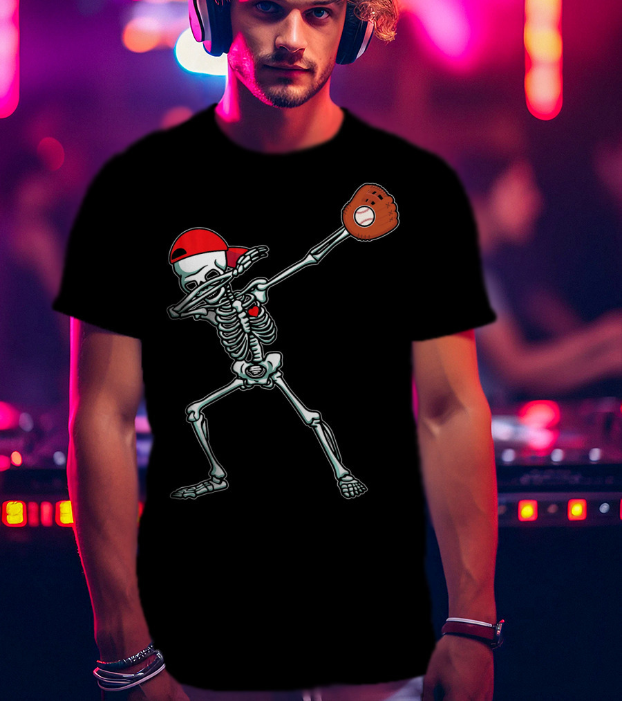 Dabbing Skeleton Baseball Dab Hi Red Cap Glove T-Shirt