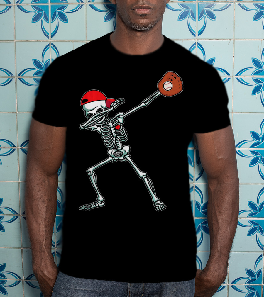 Dabbing Skeleton Baseball Dab Hi Red Cap Glove T-Shirt