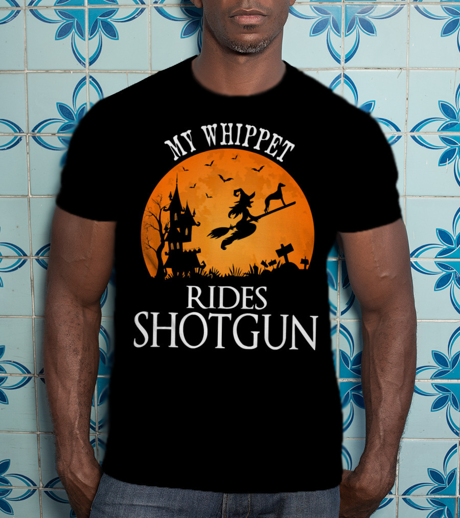 My Whippet Rides Shotgun Witch Broomstick Halloween Scene T-Shirt