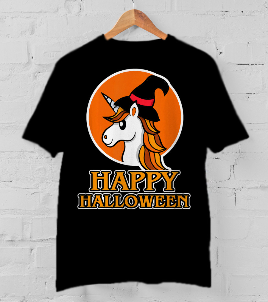 Happy Halloween Unicorn With Witch Hat T-Shirt