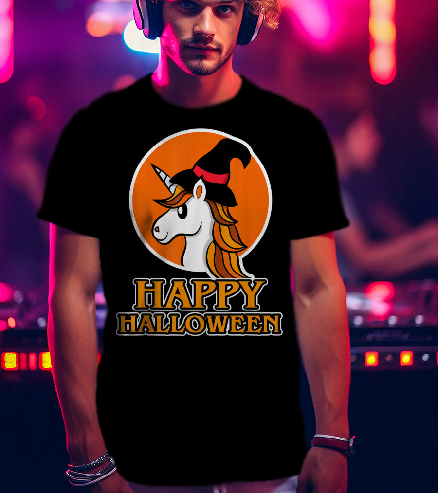 Happy Halloween Unicorn With Witch Hat T-Shirt