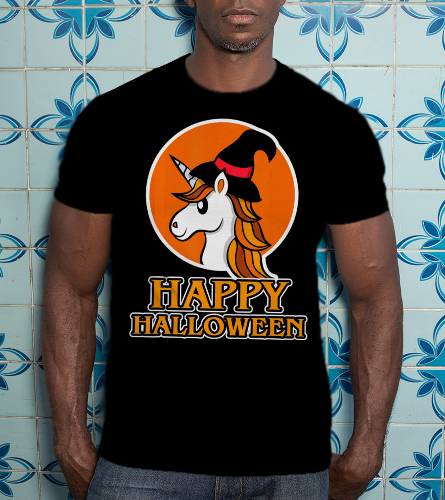 Happy Halloween Unicorn With Witch Hat T-Shirt