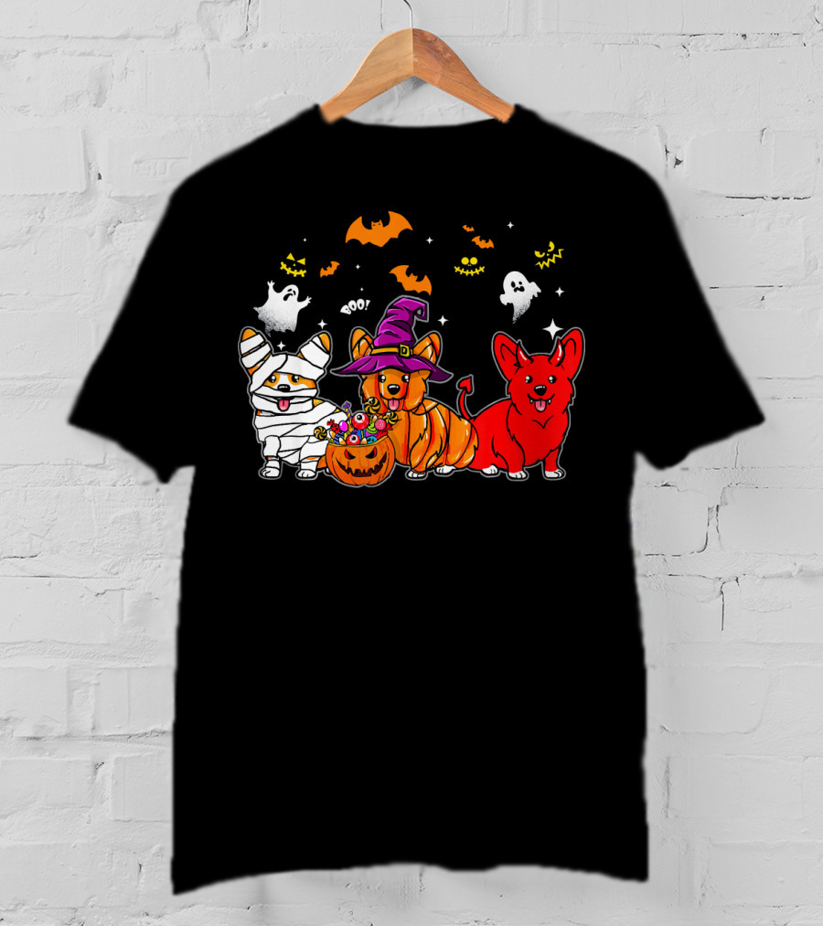 Corgi Dog Halloween Ghosts Pumpkins Mummy Witch T-Shirt