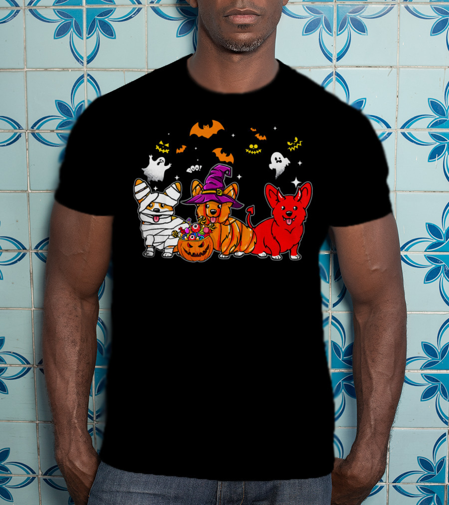 Corgi Dog Halloween Ghosts Pumpkins Mummy Witch T-Shirt