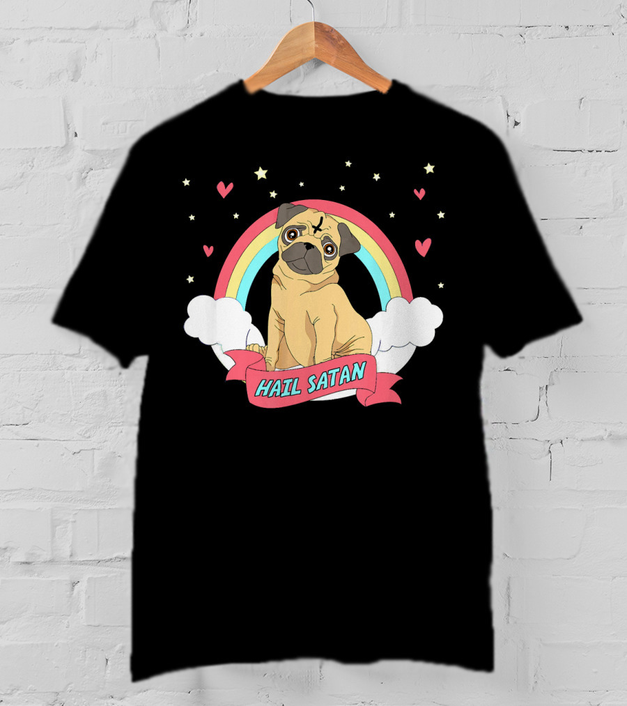 Hail Satan Pug Cute Halloween Rainbow Hearts Stars Clouds T-Shirt