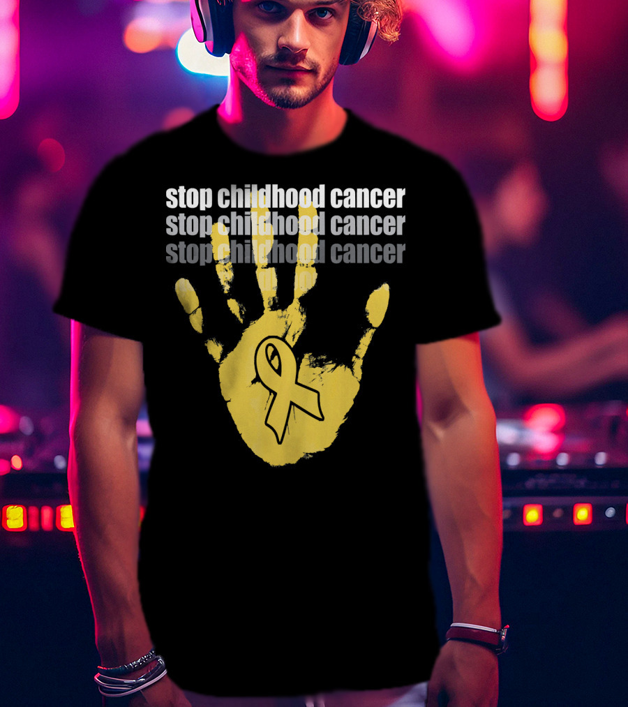 Stop Childhood Cancer Yellow Handprint Ribbon Awareness T-Shirt