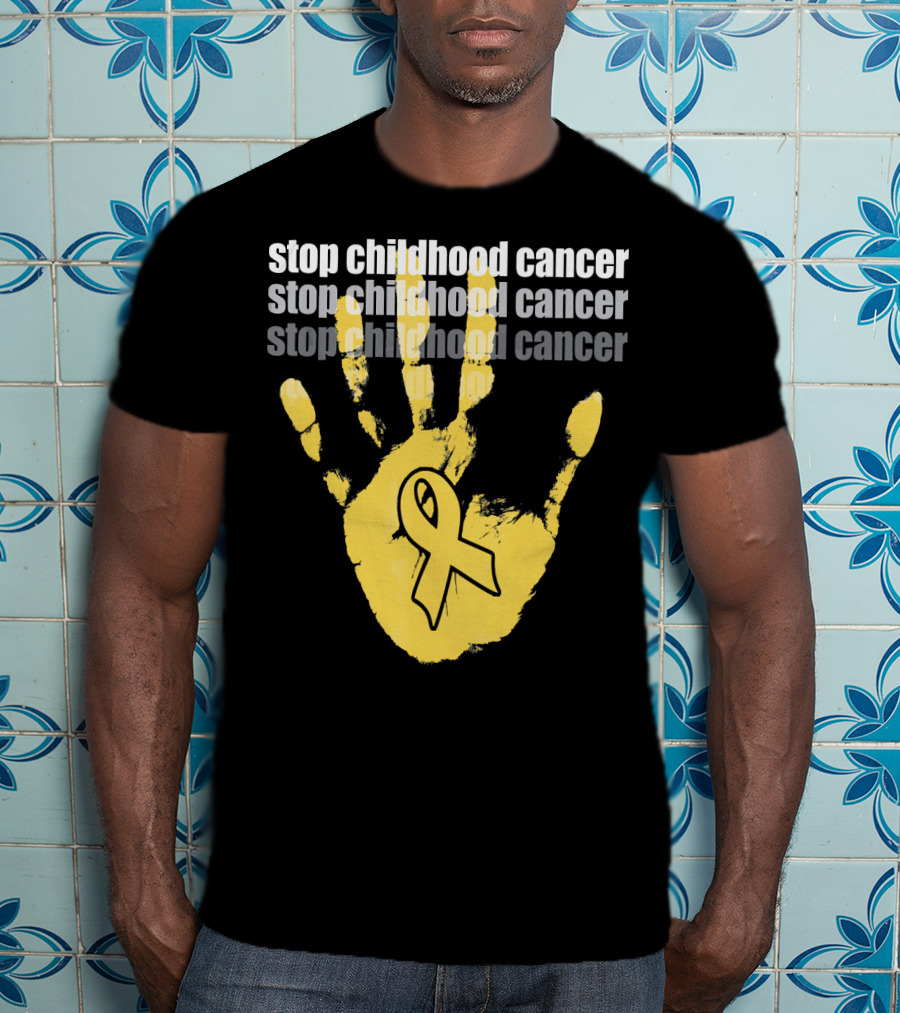 Stop Childhood Cancer Yellow Handprint Ribbon Awareness T-Shirt