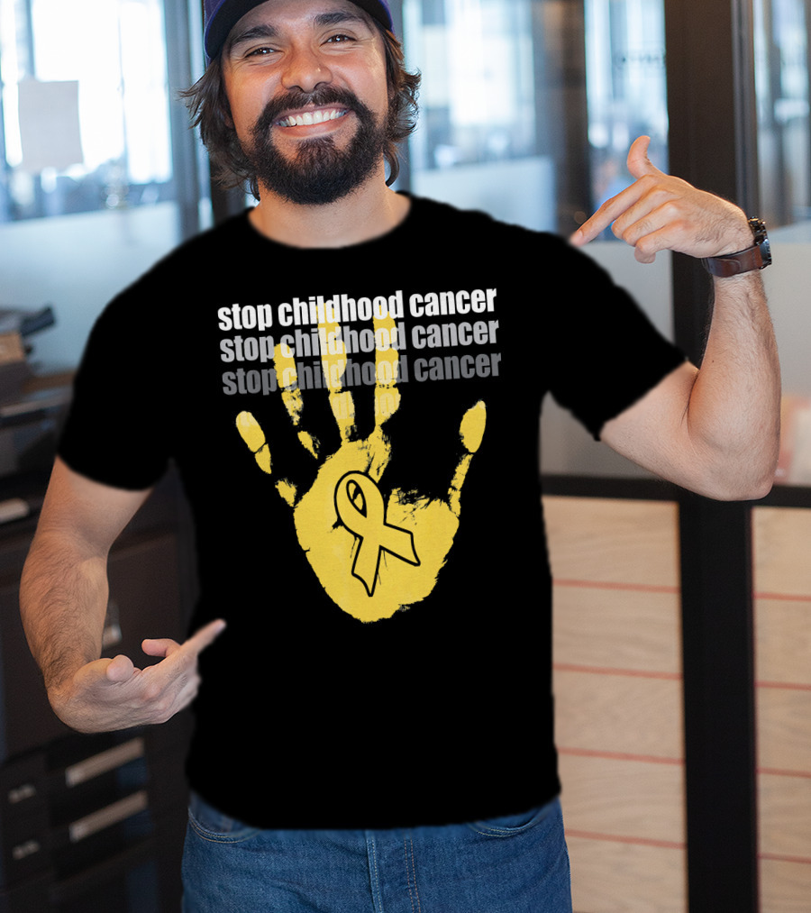 Stop Childhood Cancer Yellow Handprint Ribbon Awareness T-Shirt