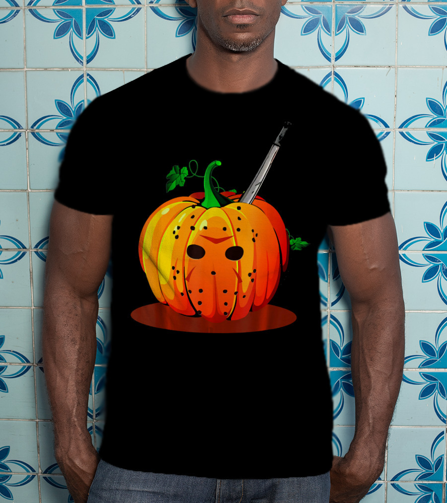 Horror Pumpkin Halloween Scary Face Knife T-Shirt