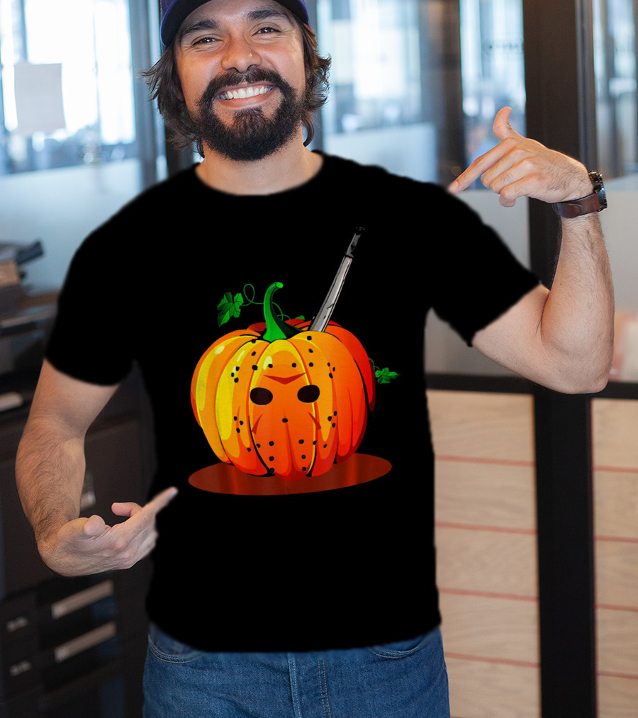 Horror Pumpkin Halloween Scary Face Knife T-Shirt