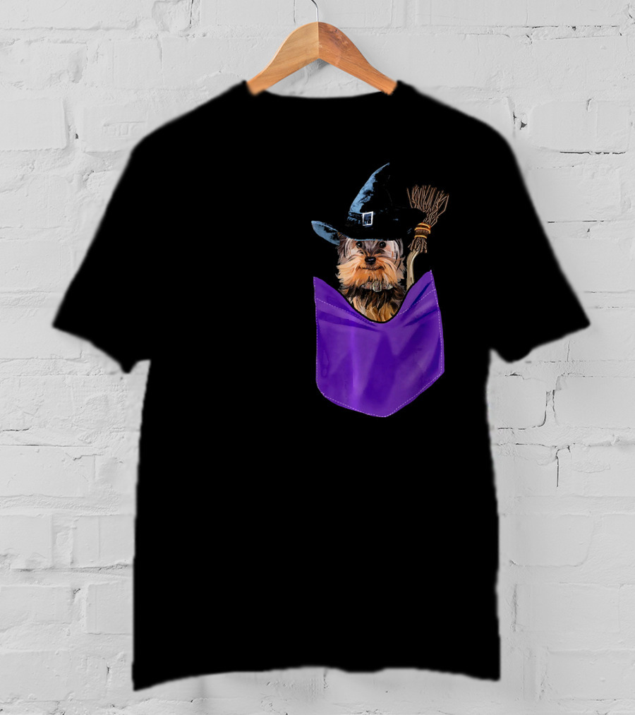 Yorkie Witch In Pocket With Broomstick T-Shirt