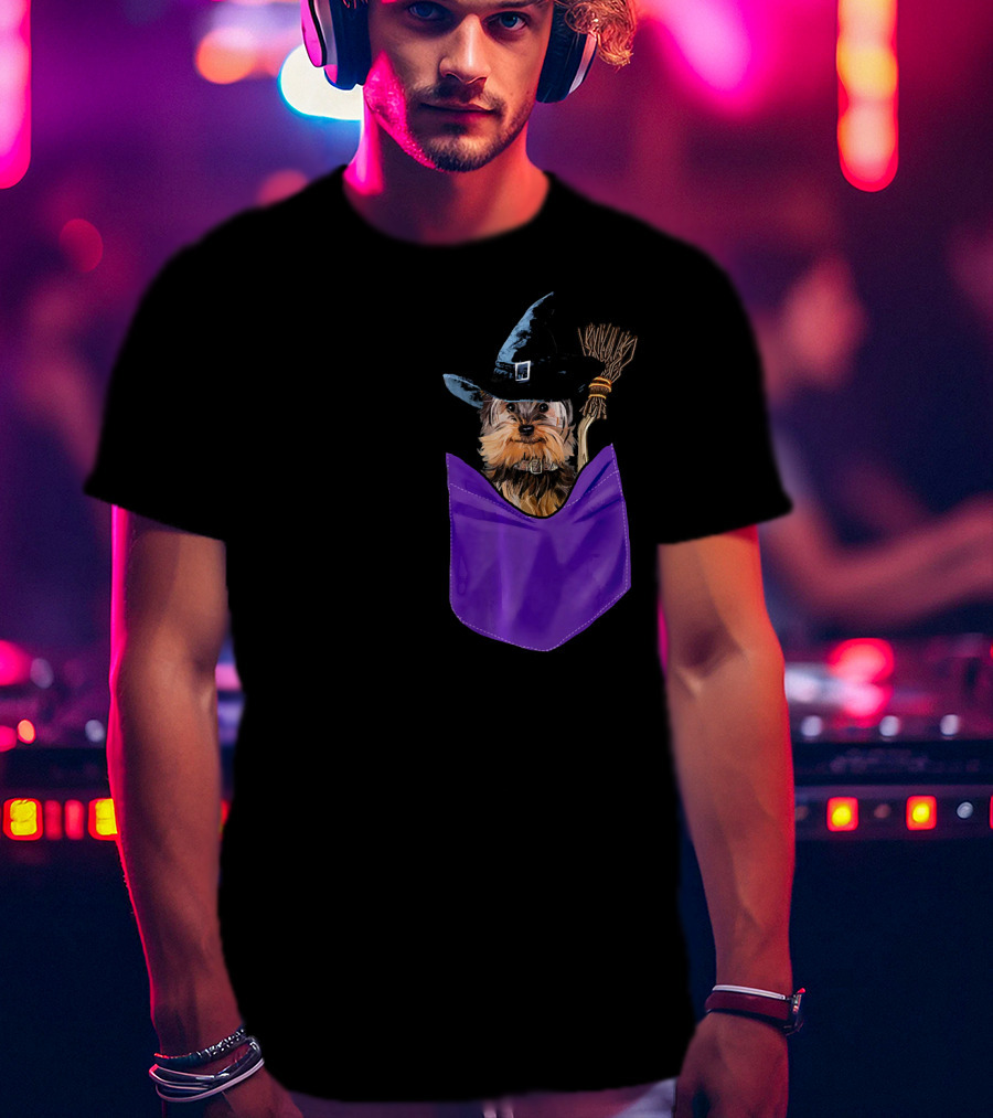 Yorkie Witch In Pocket With Broomstick T-Shirt