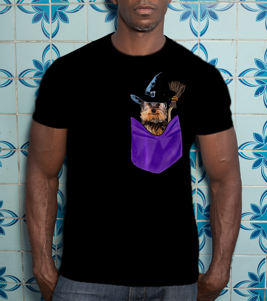 Yorkie Witch In Pocket With Broomstick T-Shirt