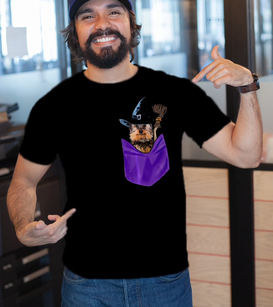 Yorkie Witch In Pocket With Broomstick T-Shirt