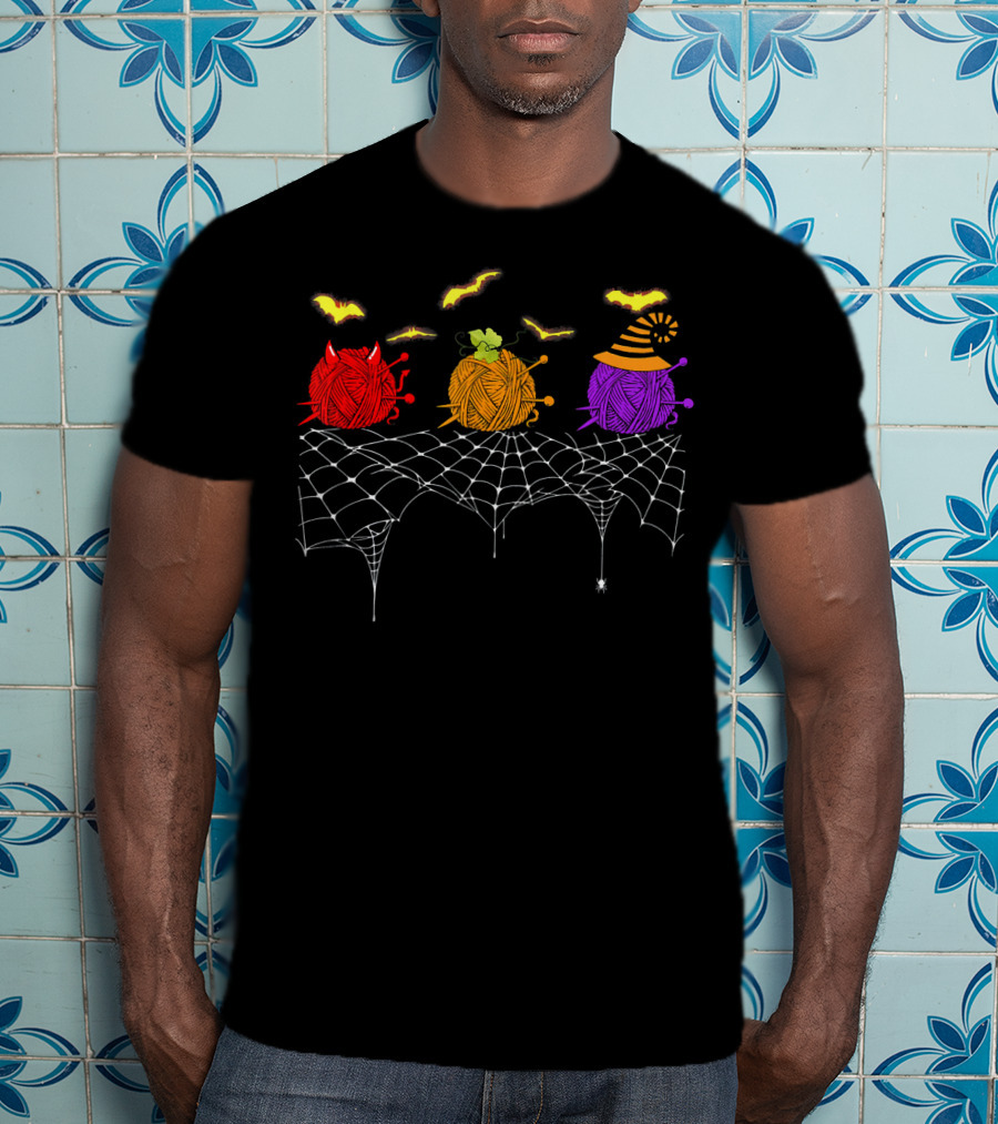 Halloween Knitting Yarn Lovers With Spiderweb And Bats T-Shirt