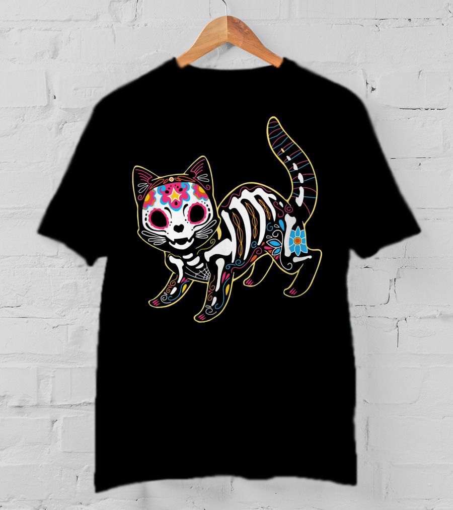Day Of The Dead Black Cat Sugar Skull Halloween T-Shirt
