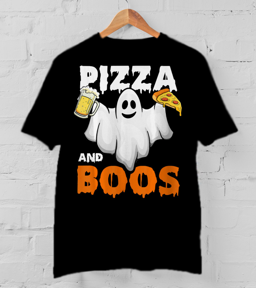 Pizza And Boos Ghost Holding Beer And Pizza Slice Halloween Funny Ghost Drinking Beer T-Shirt